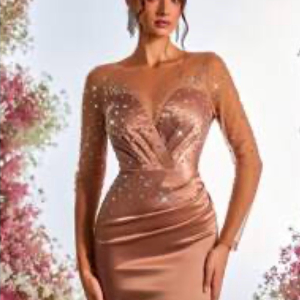 SHEIN Rose Gold Long Sleeve Sequin Sheer Bodice Gown